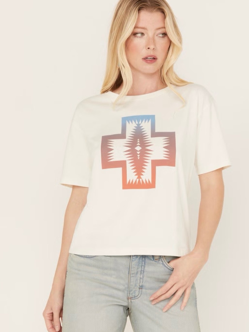 Pendleton Womens Cropped Deschutes Cream Short Sleeve Graphic Tee Size Medium